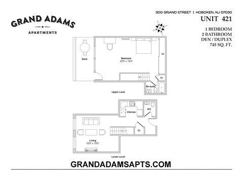 Floor plan for 1 bed, 1.5 baths, 745 sqft